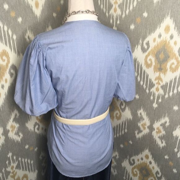 Ralph Lauren Blue & Off White Pouf Sleeve Bib Front Cotton Tuxedo Blouse - Picture 10 of 13